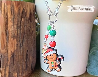 Handmade Gingerbread Man Tumbler Charm: Acrylic Beads, Candy Cane