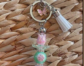 Handmade Tulip Keychain: Iridescent Beads, Butterfly Charm