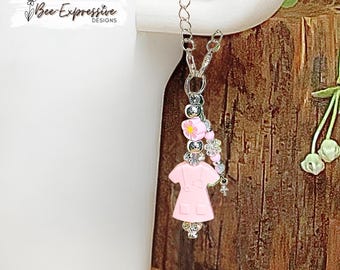 Pink Scrubs Tumbler Charm: Beaded Tassel with Metal Cross