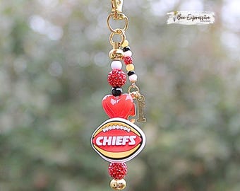Handmade, Custom, Chiefs Football Beaded Keychain: Custom Clasp, Custom Number Charm