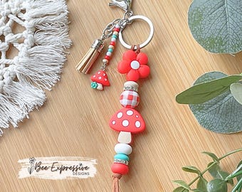 Handmade Mushroom & Daisy Keychain: Beaded Tassel, Suede Cord