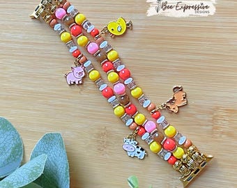 Handmade, Farm Animal, Watch Bracelet: Horse, Cow, Chicken, Pig, Custom Sizes, for Apple Watches