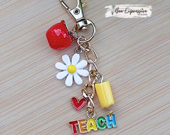 Handmade, Teacher, Charm Chain, Bag Accessory: Apple, Daisy, Pencil, Heart Charms