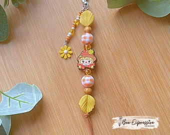 Handmade Scarecrow Keychain: Beaded Tassel, Wood Gingham & Flower Charm