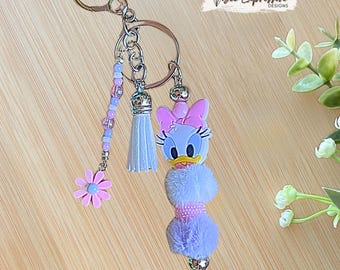 Handmade 3D Duck Keychain: Beaded Tassel, Lobster or Swivel Clasp, Pink Daisy Charm