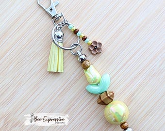 Handmade Yellow Tulip Keychain: Wood Beads, Beaded Tassel With Wood Flower