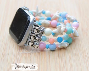 Handmade, Tropical Watch Bracelet: Starfish, Sea Turtle, Custom Sizes, Apple Watches or Universal Fit