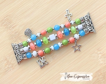 Handmade, Beaded Watch Bracelet for Samsung and Apple Watches: Acrylic Beads, 4 Charms