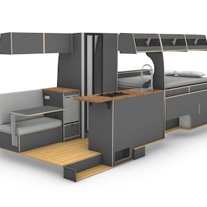 Puede incluir: Un interior de autocaravana gris y madera con una cama plegable, una pequeña cocina con fregadero y estufa, y una zona de estar con una mesa.