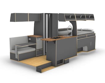 May include: A gray and wood camper van interior with a fold-down bed, a small kitchen with a sink and stove, and a seating area with a table.