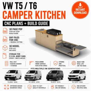 May include: Digital plans for a VW T5/T6 camper kitchen unit. Includes a 30-page PDF build guide, DXF files for CNC or manual cutting, and a 3D step file. The design features a pull-out cooking drawer, fold-down work surface, and storage for two 23L jerry cans, compatible with VW T5, T5.1, T6, and T6.1 van models.