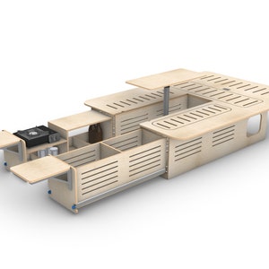 May include: A wooden platform bed frame with a built-in storage system. The frame has a cutout for a mattress and a pull-out drawer. The platform has a built-in table with a fold-down section and a small stove.