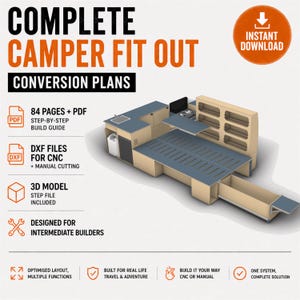 Op de afbeelding: Een digitale gids getiteld COMPLETE CAMPER FIT OUT CONVERSION PLANS met een 3D-model van een modulair houten camperinterieur met gootsteen, fornuis, opbergplanken en uitschuifbaar bedframe, inclusief PDF-handleidingen en DXF-bestanden.