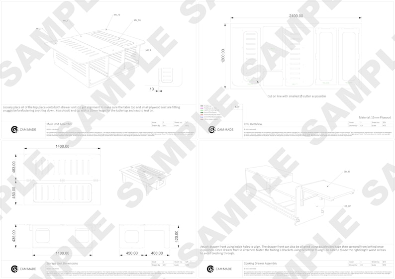 May include: A technical drawing of a table and drawer unit assembly. The drawing includes dimensions in inches and labels for each part. The drawing is labeled "Main Unit Assembly" and "Folding Drawer Assembly".