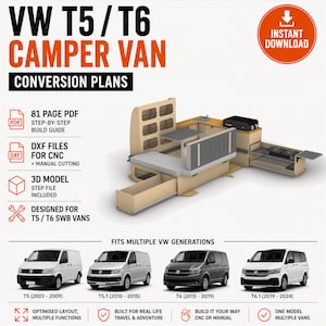 May include: VW T5 / T6 Camper Van conversion plans featuring an 81-page PDF build guide, DXF files for CNC or manual cutting, and a 3D model. The design includes a modular wooden interior layout with storage, seating, and a stove unit.