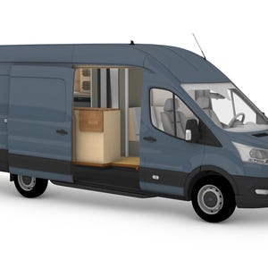 Puede incluir: Una furgoneta camper azul con la puerta lateral abierta, revelando un vistazo del interior. La furgoneta tiene detalles en negro y un logotipo de Ford en la parte delantera. El interior cuenta con armarios de madera y una pequeña cocina.
