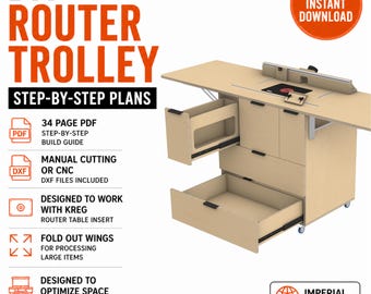 Mobile Router Table Trolley Plans | Folding Wings, T-Track Fence (Inches) DXF (Digital Download)
