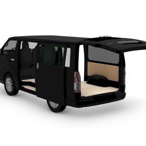 May include: A black van with open doors and a raised rear hatch. The interior is visible, with seats and a wooden floor in the cargo area. The van is set against a white background.