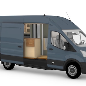 May include: A blue camper van with an open side door revealing a minimalist interior. The van has black accents, black tires, and a white interior. The front seats are visible, and the van appears to be parked.