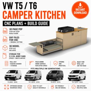 May include: Digital product listing for VW T5/T6 camper kitchen CNC plans and build guide. Includes a 30-page PDF, DXF files, and 3D model. Features a beige kitchen unit with a pull-out stove drawer, sink, and storage for two 23L jerry cans.