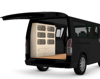 May include: A black van with its rear door open, revealing a light-colored wooden cabinet with multiple compartments. The cabinet is designed to fit inside the van. The van's interior features a wooden floor.