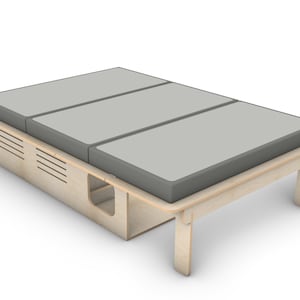 May include: A wooden bed frame with a gray mattress. The frame has a storage compartment underneath and is supported by four legs.