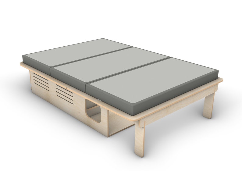 May include: A wooden bed frame with a gray mattress. The frame has a storage compartment underneath and is supported by four legs.