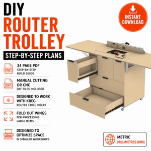 Puede incluir: Un carro de enrutador de madera clara con planos paso a paso. El carro tiene cajones, alas plegables y está diseñado para optimizar el espacio. La imagen incluye el texto "DIY ROUTER TROLLEY STEP-BY-STEP PLANS" y "INSTANT DOWNLOAD".