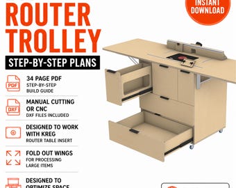 Mobile Router Table Trolley Plans | Folding Wings, T-Track Fence (Metric) DXF (Digital Download)