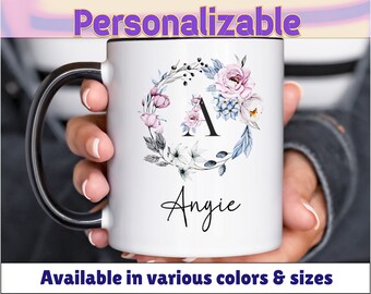 pink and blue flower wreath letter personalized name mug, personalized mug, name mug, letter mug, floral mug, flower mug, birthday gift