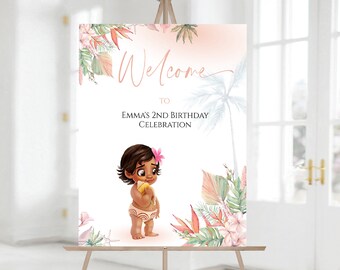 Cartello di benvenuto per il compleanno di Moana, arredamento per la festa di compleanno della piscina di Baby Moana, cartello di benvenuto per la festa di compleanno, modello Corjl digitale modificabile