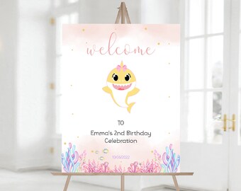 Hai-Geburtstag-Willkommensschild, Hai-Geburtstagsfeier-Willkommenstafel, Geburtstagsfeier-Willkommensschild, bearbeitbare digitale Corjl-Vorlage