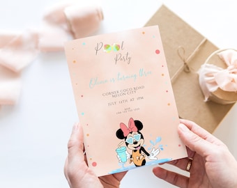 Minnie Mouse Birthday Invitation, Minnie Mouse Pool Party Invite, Editable Digital Corjl Template