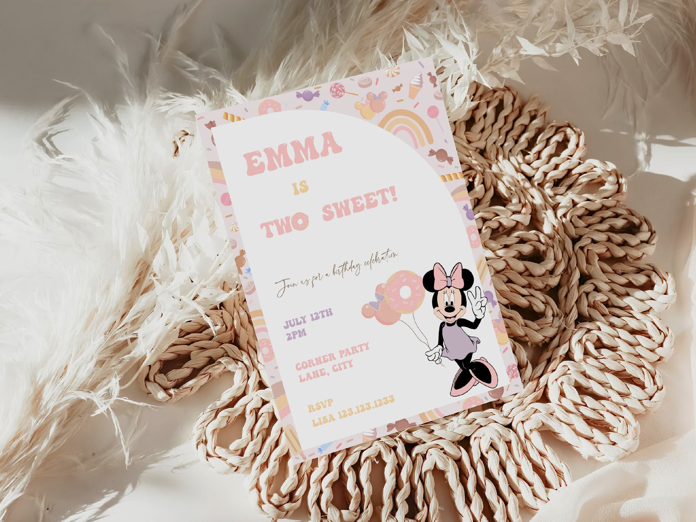 Minnie Mouse Birthday Invitation Girl Two Sweet Minnie Mouse Birthday Party Invite Editable Digital Corjl Template