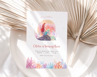 Little Mermaid Invitation, Pastel Ariel Under The Sea Birthday Party Invite, Editable Digital Corjl Template