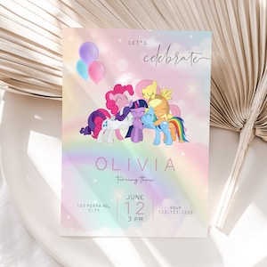 My Little Pony Birthday Invitation, Pastel Rainbow My Little Pony Birthday Party Invite , Editable Digital Corjl Template