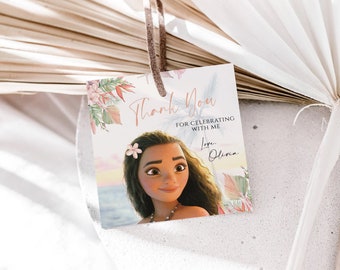 Moana Thank You Tag, Summer Moana Birthday Party Favor Tag, Editable Digital Corjl Template