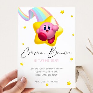 Invitación de Kirby, invitación a la fiesta de cumpleaños de Kirby para niños, plantilla Corjl digital editable