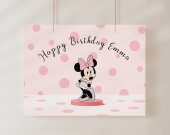 Minnie Mouse verjaardagsbanner, meisje roze Minnie Mouse verjaardagsfeestje banner, bewerkbare digitale Corjl-sjabloon
