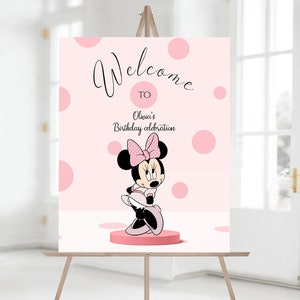 Minnie Mouse Birthday Welcome Sign, Modern Pink Minnie Mouse Birthday Welcome Board, Editable Digital Corjl Template