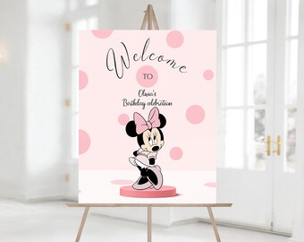 Cartel de bienvenida de cumpleaños de Minnie Mouse, Tablero de bienvenida de cumpleaños de Minnie Mouse rosa moderno, Plantilla Corjl digital editable