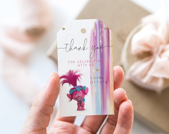 Kids Birthday Favor Tag, Trolls Birthday Thank You Tag, Birthday Party Favor Tag, Editable Digital Corjl Template