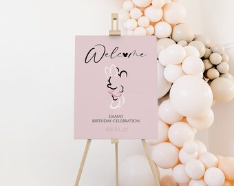 Minnie Mouse Birthday Welcome Sign, Modern Pink Minnie Mouse Birthday Welcome Board, Editable Digital Corjl Template