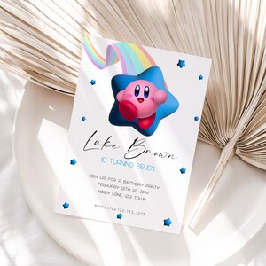 Invitación de Kirby, invitación a la fiesta de cumpleaños de Kirby para niños, plantilla Corjl digital editable