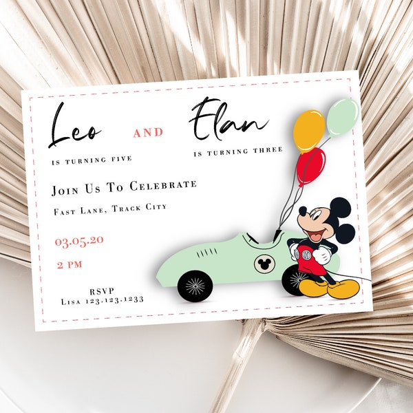 Mickey Mouse Birthday Invitation, Siblings Dual Mickey Mouse Birthday Party Invite, Editable Digital Corjl Template