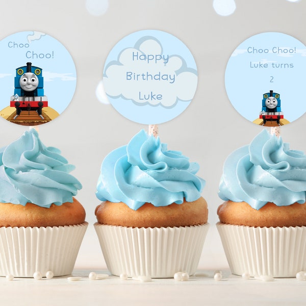 Thomas the Train Birthday Cupcake Topper, Boy Train Birthday Party Cupcake Topper, Editable Digital Corjl Template