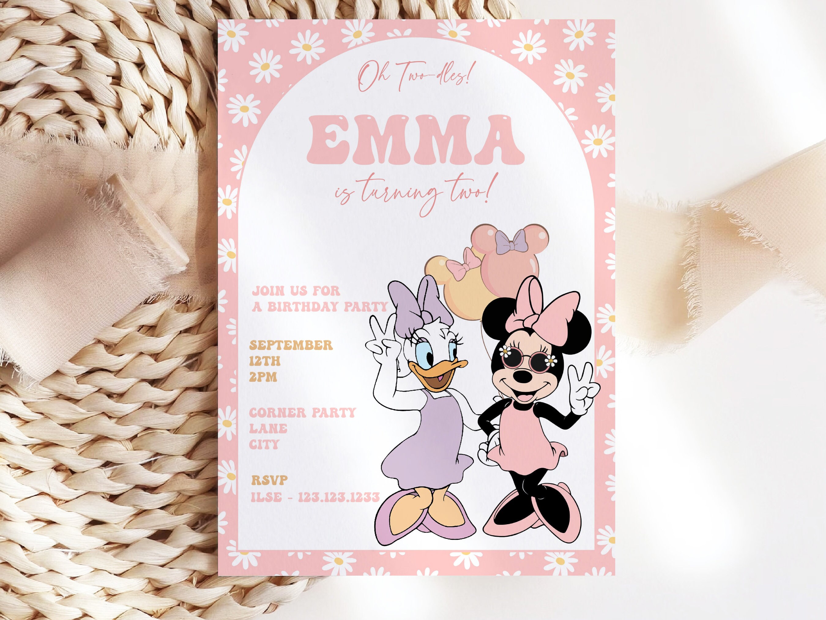 Minnie Mouse and Daisy Birthday Invitation Pink Daisies Minnie Mouse Birthday Party Invite Editable Digital Corjl Template