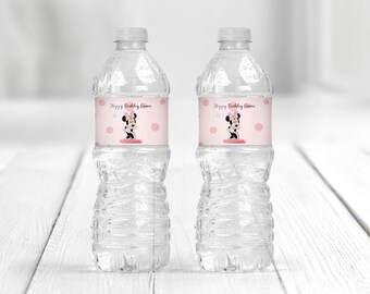 Etiqueta de botella de agua de cumpleaños de Minnie Mouse, etiqueta de fiesta de cumpleaños de Minnie Mouse rosa, plantilla Corjl digital editable