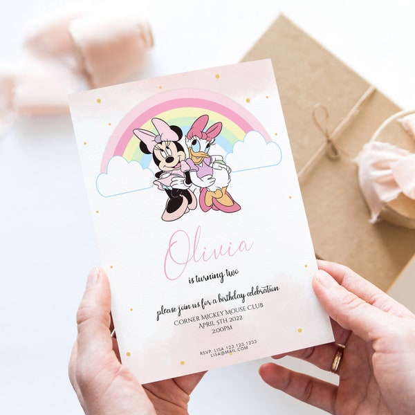 Minnie Mouse and Daisy Birthday Invitation, Pastel Rainbow Minnie Birthday Party Invite, Editable Digital Corjl Template