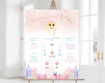 Pode incluir: Uma placa de aniversário rosa e dourada em um cavalete. A placa apresenta um gráfico Baby Shark e o texto "Emma's Second Birthday". Inclui comidas, programas e outros detalhes favoritos. A placa tem 52 cm de altura e pesa 8,6 kg.